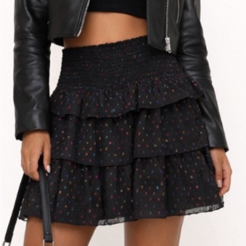 KOCH Black Rainbow Confetti Mini Skirt Metallic Swiss Dot Crepe Elastic Waist M